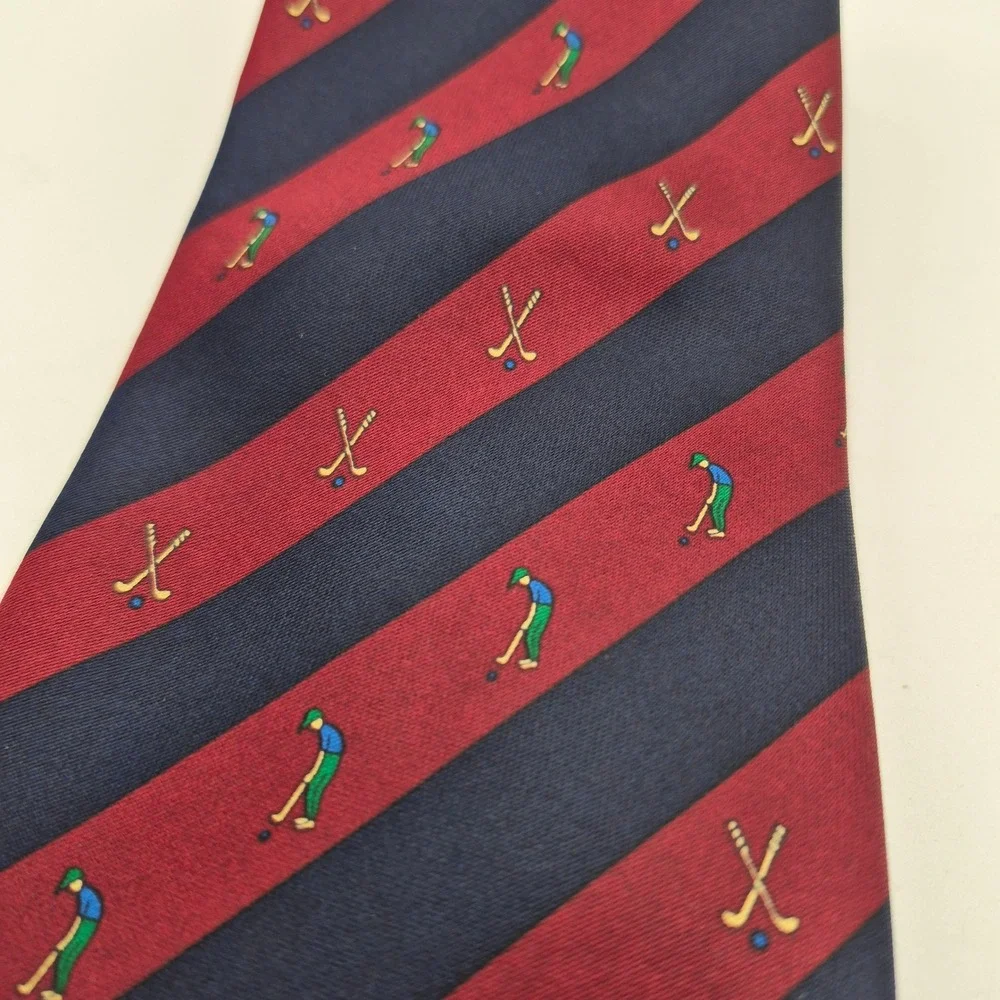 Rene Chagal Mens Silk Tie Navy Blue Burgundy Striped Golf Theme Handmade